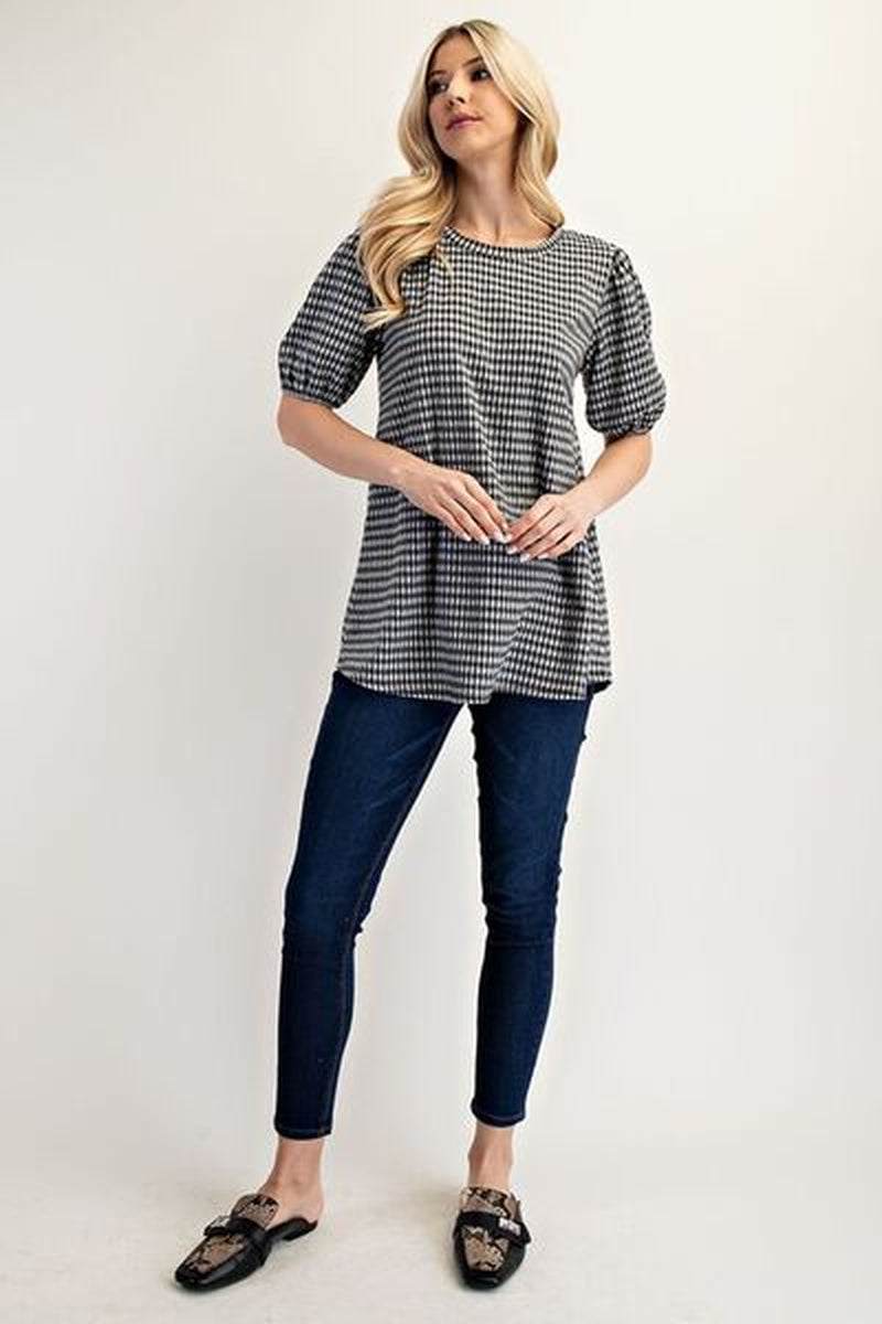 Celeste Full Size Gingham Print Top with Puff Sleeves plus Size