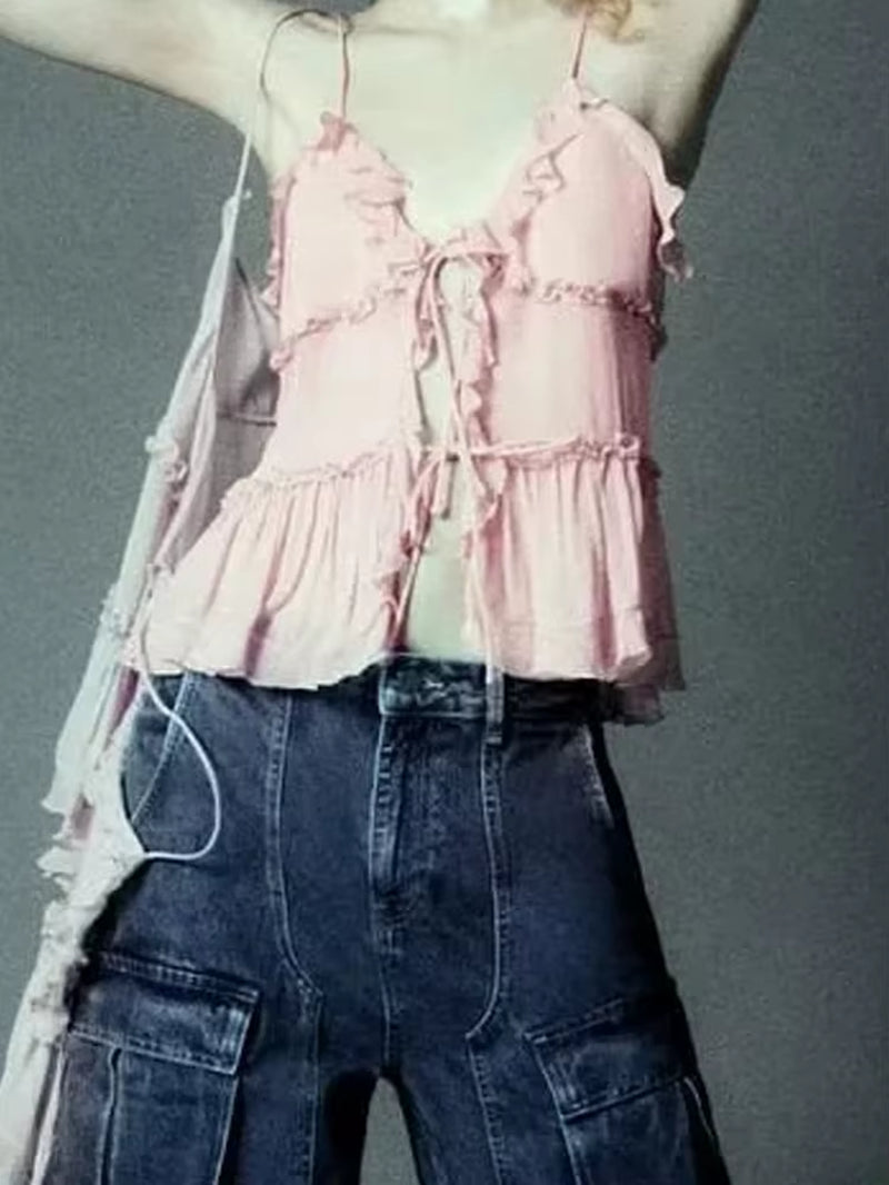 Cami Top Women Summer Black Pink Camisole 2023 Woman Sleeveless off Shoulder Ruffle See through Crop Top Sexys Tanks Camis