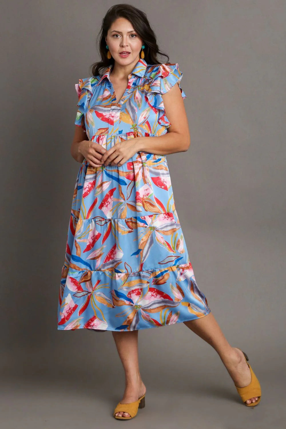 Umgee Full Size Leaf Print Double Layered Ruffle Sleeve Tiered Midi Dress plus Size