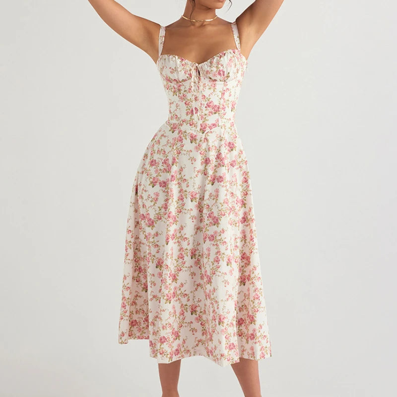 Women's Summer Bohemian Midi Dress with Spaghetti Straps and Tie Front, Floral Print, Sleeveless A-Line Beachwear