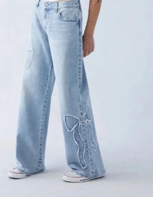 Streetwear New Fashion Bow Embroidered Baggy Jeans Women Y2K Harajuku Vintage Popular Casual Gothic High Waist Wide Leg Pants