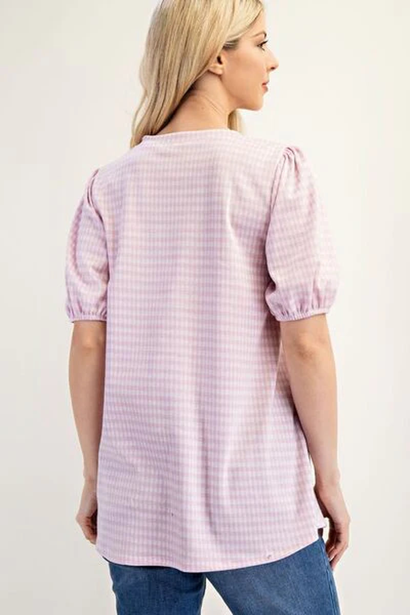 Celeste Full Size Gingham Print Top with Puff Sleeves plus Size