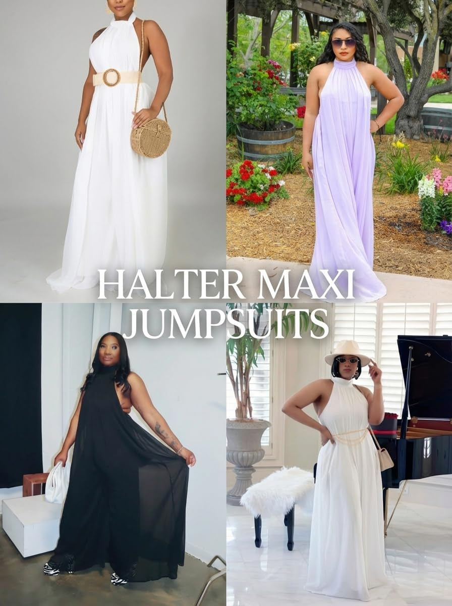 Women’S Sexy Summer Jumpsuit Halter Neck Sleeveless Chiffon Wide Leg Long Pant Jumpsuit Romper One Piece Outfits