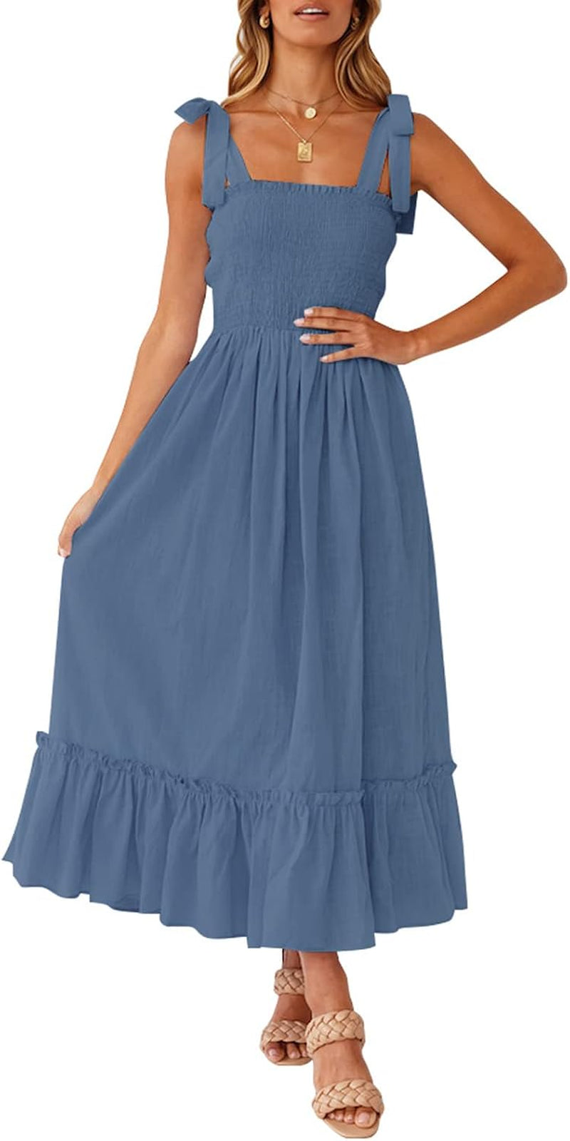 Women'S 2026 Summer Boho Spaghetti Strap Square Neck Solid Color Ruffle a Line Beach Long Maxi Dress