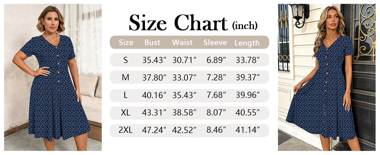 Summer Dresses for Women Button Floral Midi Sundress Short Sleeve V Neck Casual Polka Dot Dress L