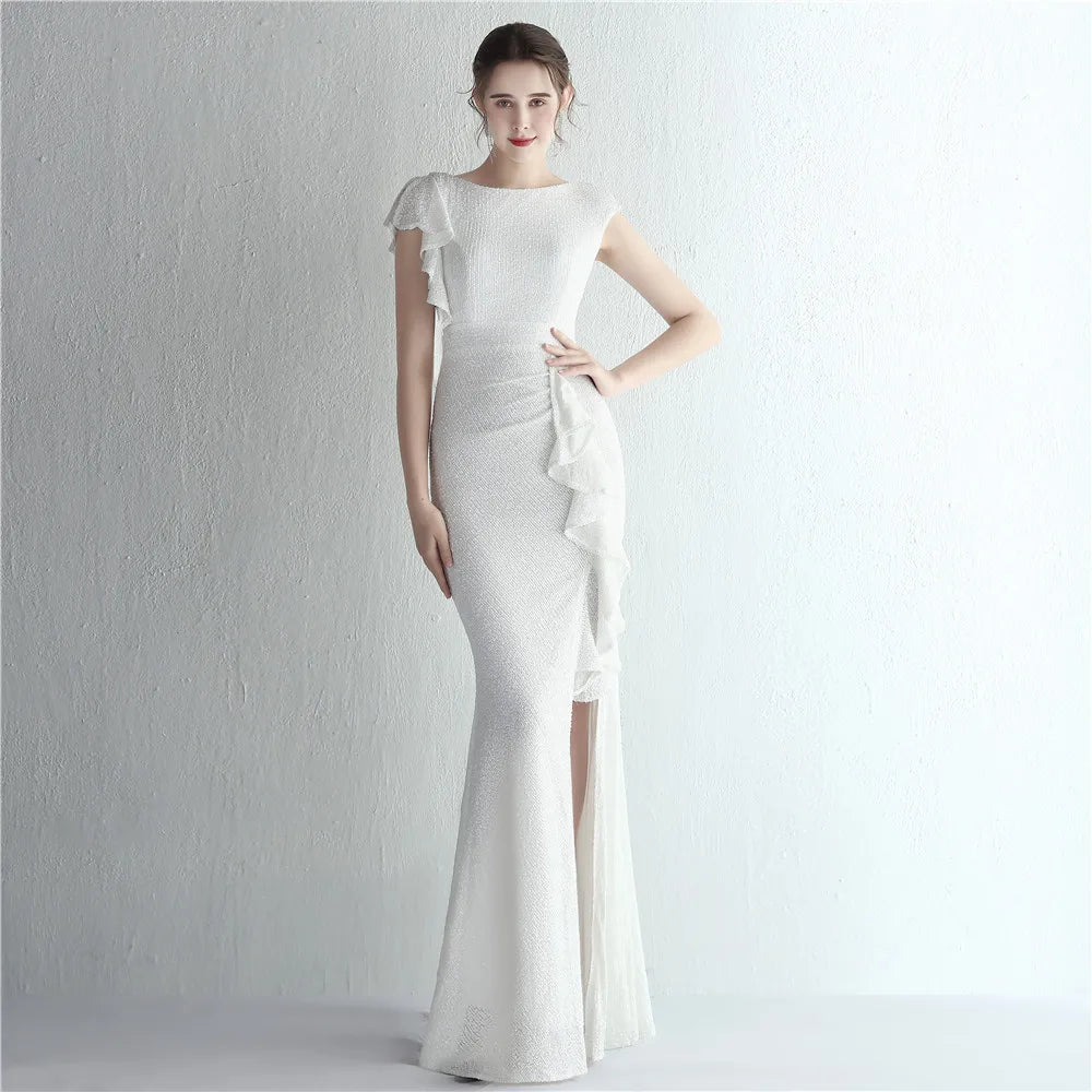 Elegant Gold Sequin Women's Evening Dress with Ruffles and Short Sleeves - Maxi Prom Dress 19228