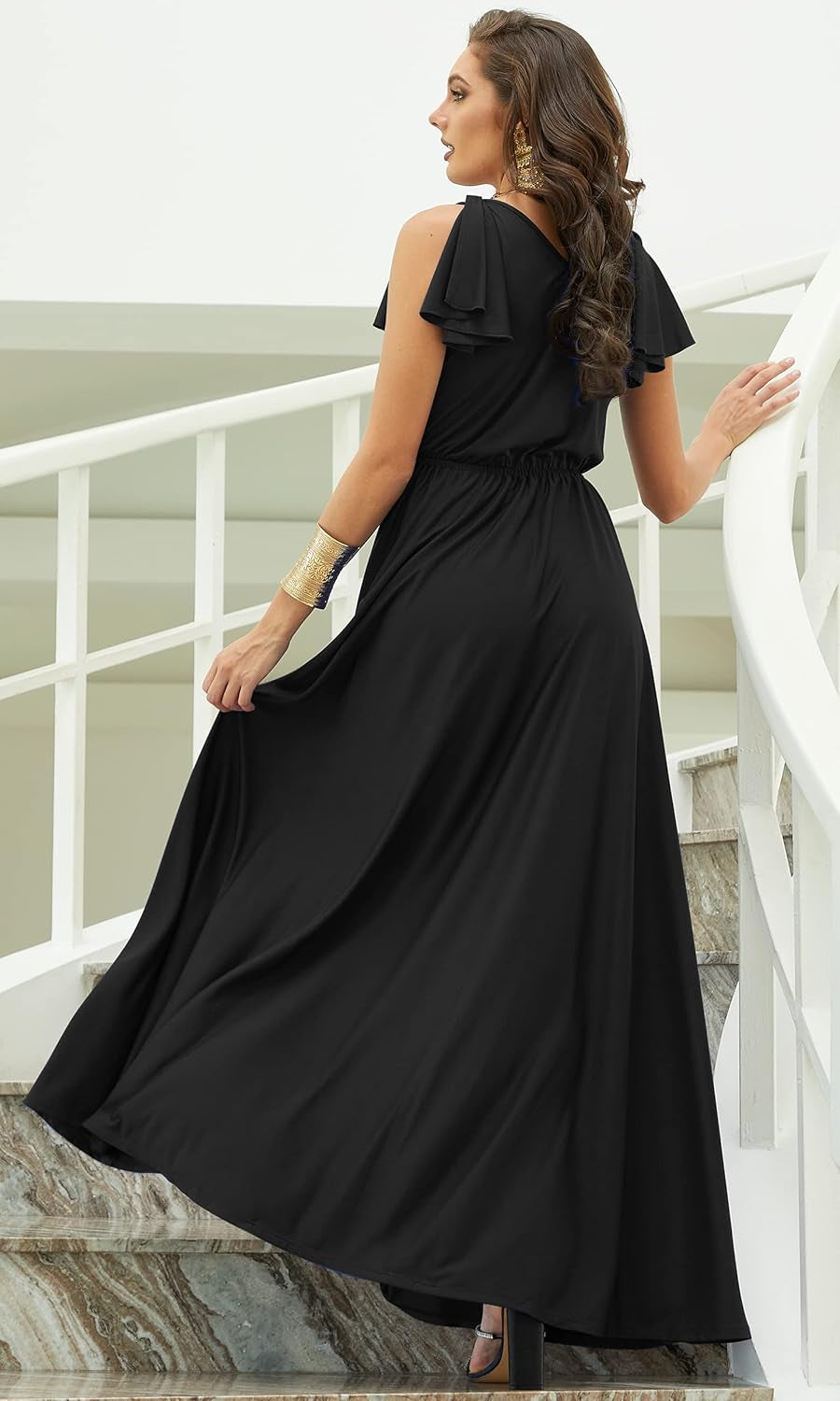 Women's 2026 Long V-Neck Ruffle Sleeveless Maxi Dress for Bridesmaids and Prom