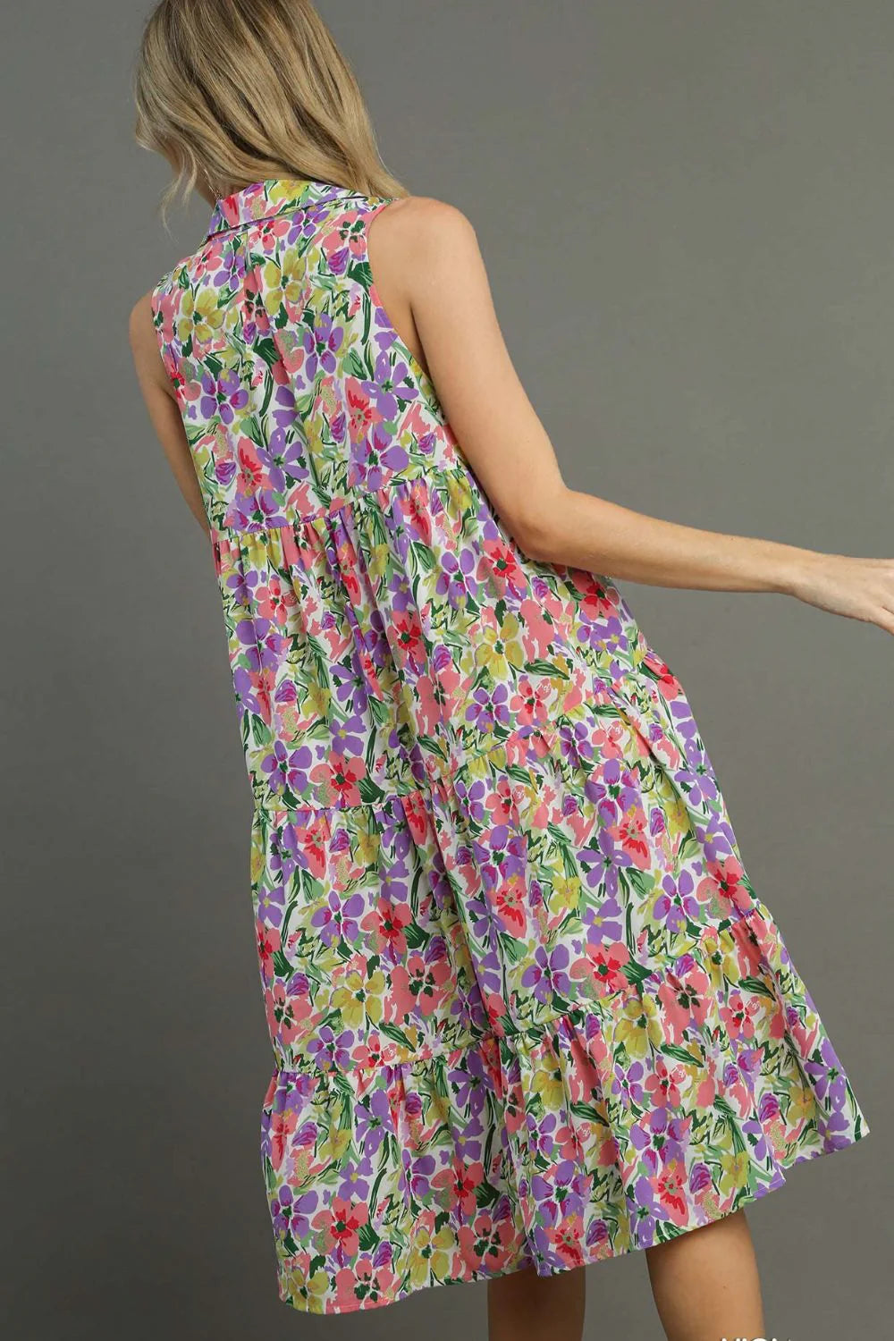 Umgee Full Size High-Low Hem Floral Sleeveless Tiered Dress plus Size