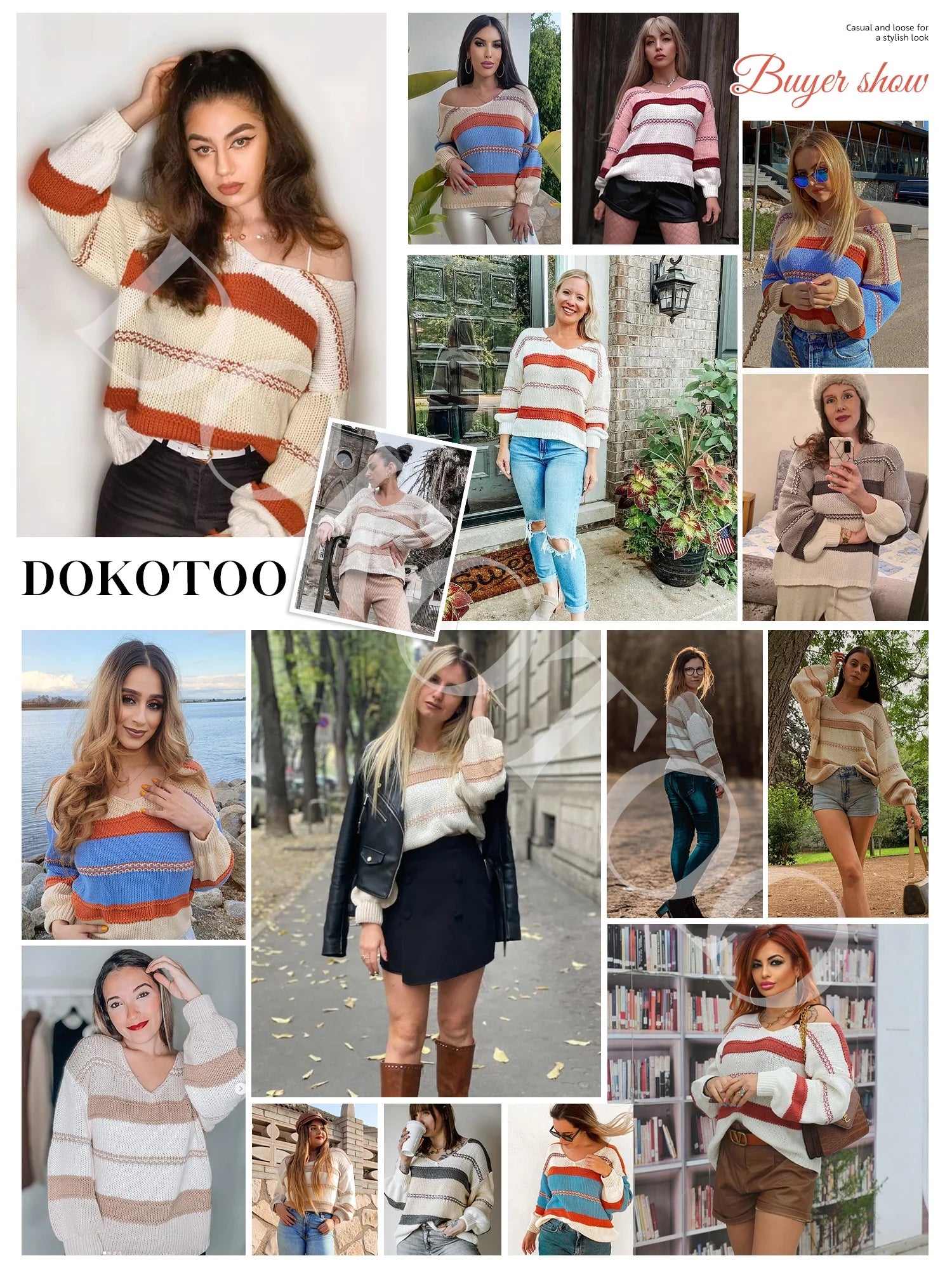 Women Sweater Tops Autumn Winter V-Neck Oversized Colorblock Knitted Pullover Blouses Jumper Tops XL 16-18