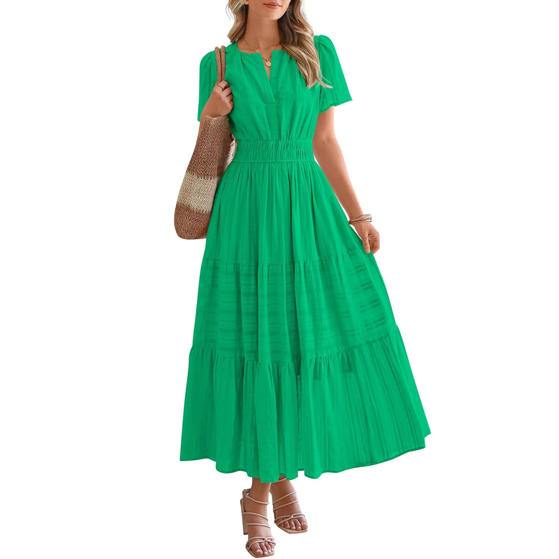 BTFBM Women's Summer 2026 Lightweight Casual Maxi Dress with Short Sleeves, V-Neck, Bohemian Style, and Pockets