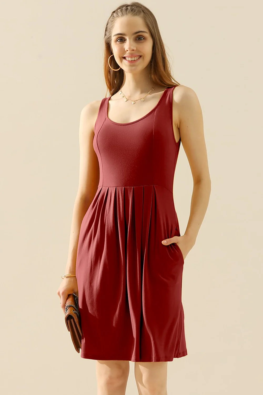 Doublju Full Size round Neck Ruched Sleeveless Dress with Pockets