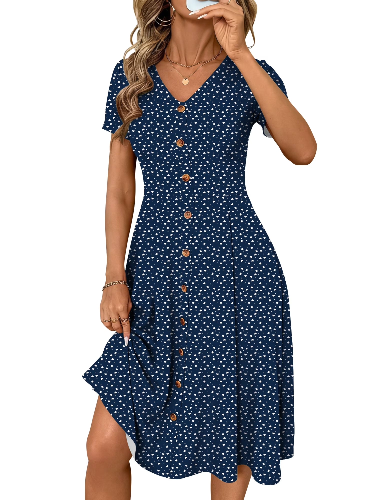 Summer Dresses for Women Button Floral Midi Sundress Short Sleeve V Neck Casual Polka Dot Dress L