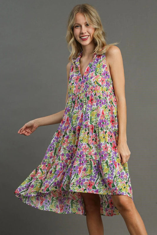 Umgee Full Size High-Low Hem Floral Sleeveless Tiered Dress plus Size