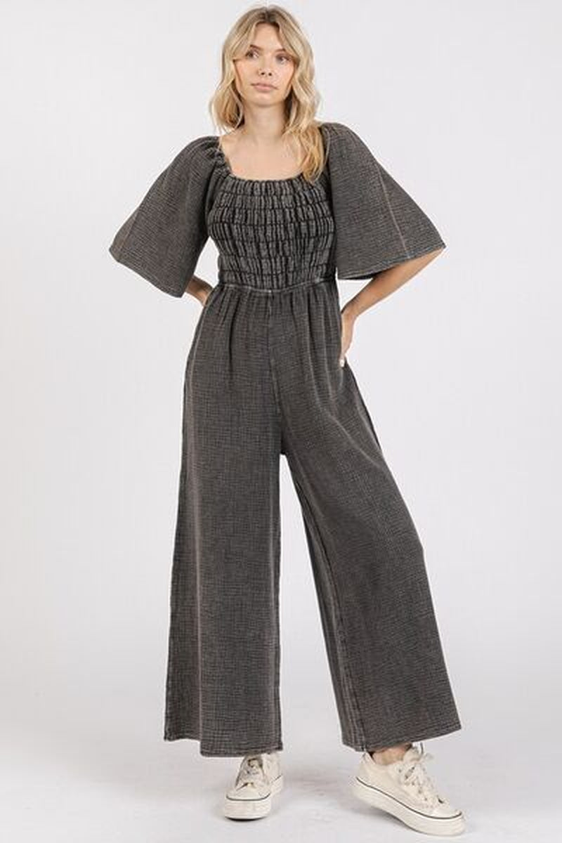Mittoshop Mineral Wash Wide Leg Jumpsuit - Gauze Ruched Style