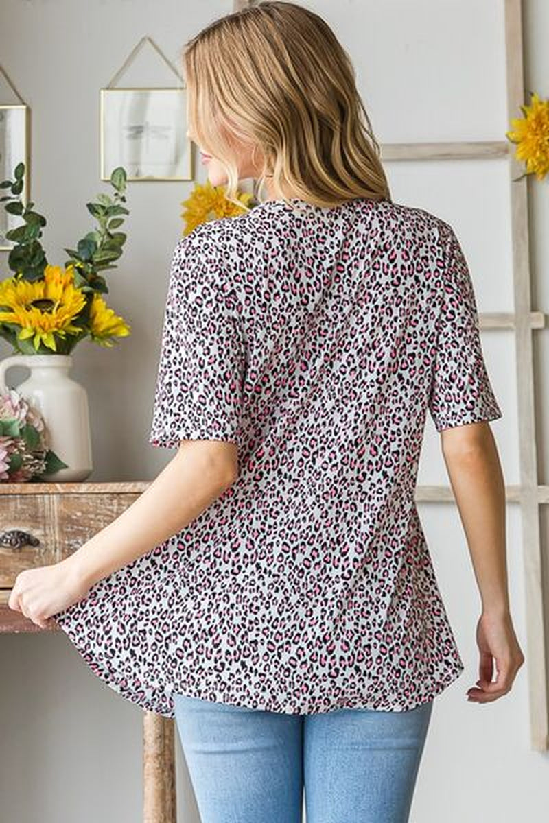 Heimish Full Size Short Sleeve Crisscross Animal Babydoll Top plus Size