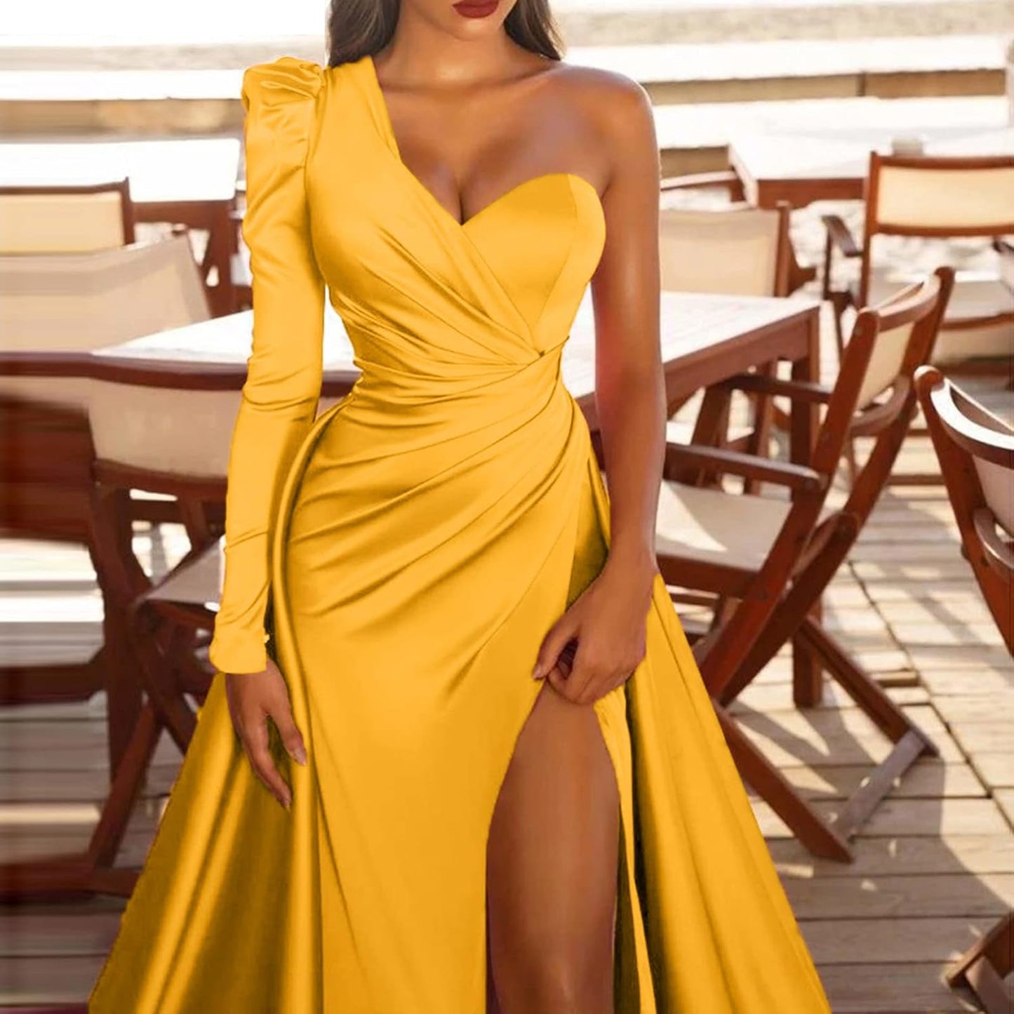 Women Split Evening Gowns One Shoulder Long Sleeve Dresses Solid Color Banquet Party Long Dress