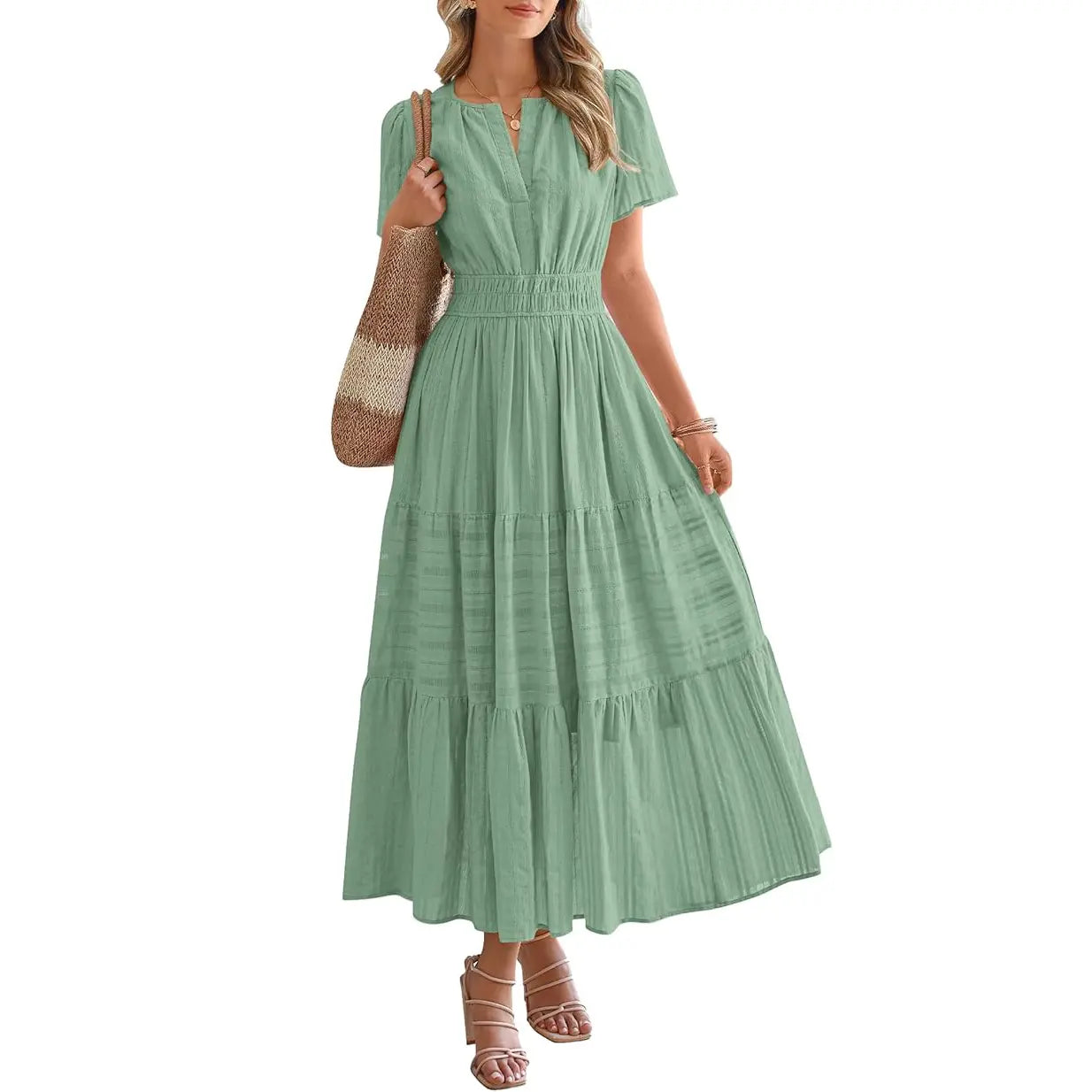 BTFBM Women's Summer 2026 Lightweight Casual Maxi Dress with Short Sleeves, V-Neck, Bohemian Style, and Pockets