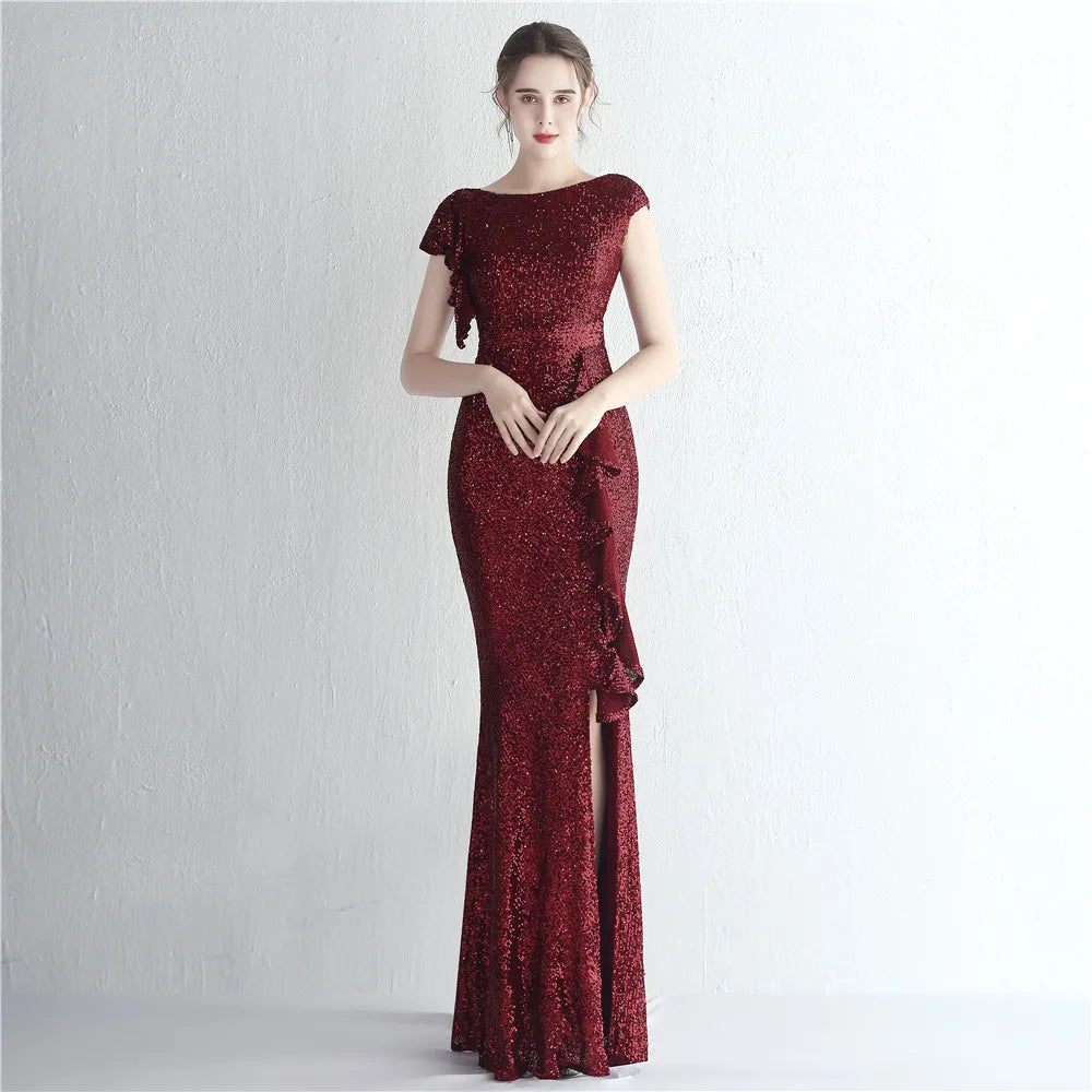 Elegant Gold Sequin Women's Evening Dress with Ruffles and Short Sleeves - Maxi Prom Dress 19228