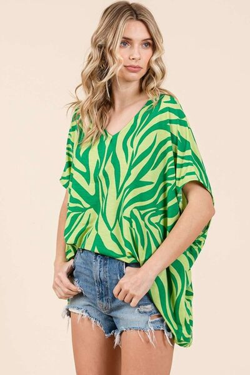 Mittoshop Zebra Print V-Neck Short Sleeve Oversized Top