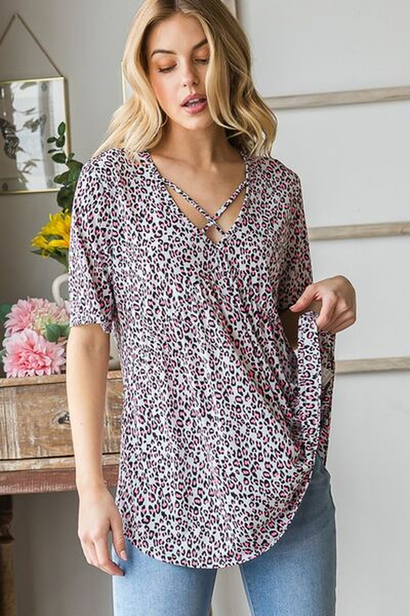 Heimish Full Size Short Sleeve Crisscross Animal Babydoll Top plus Size