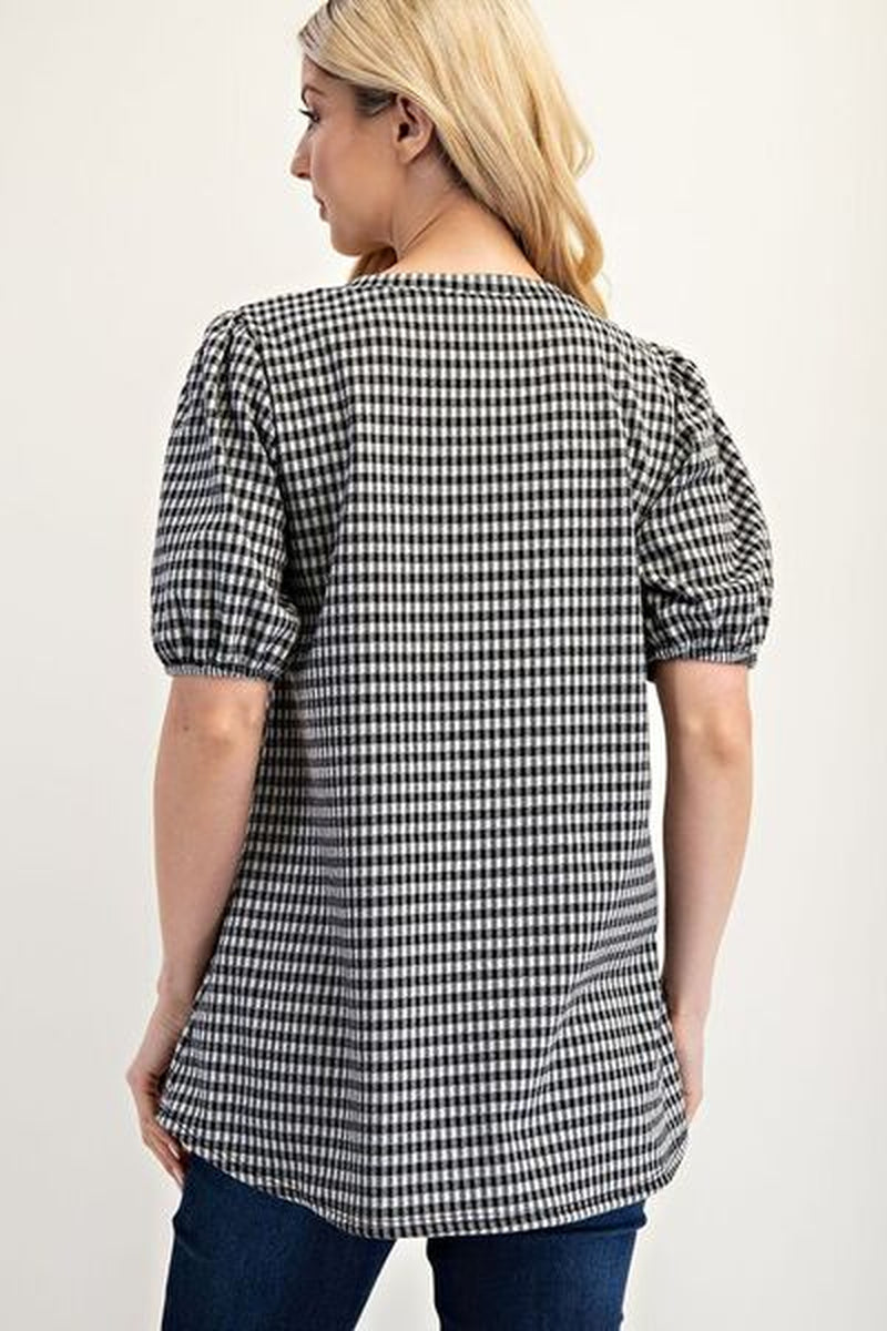 Celeste Full Size Gingham Print Top with Puff Sleeves plus Size