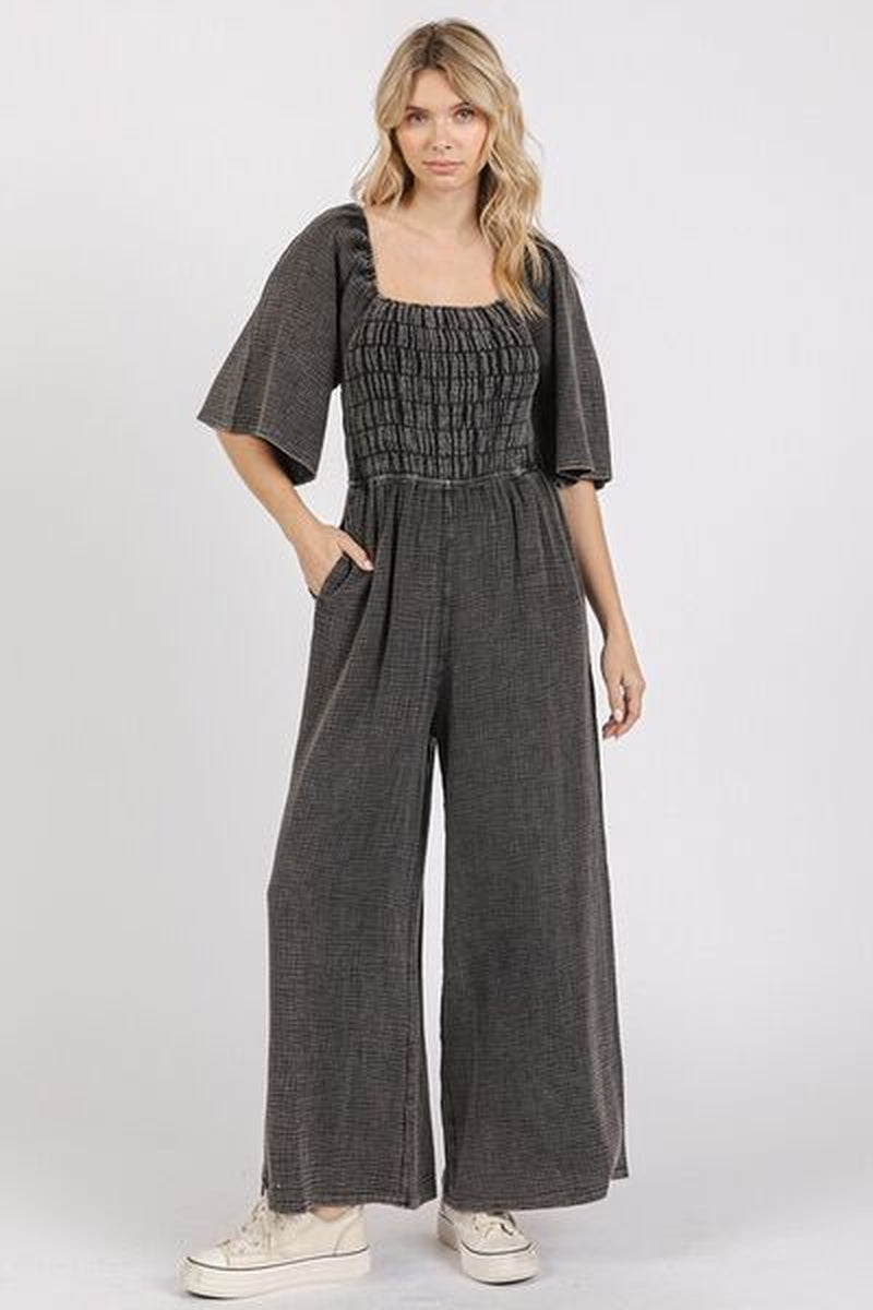 Mittoshop Mineral Wash Wide Leg Jumpsuit - Gauze Ruched Style