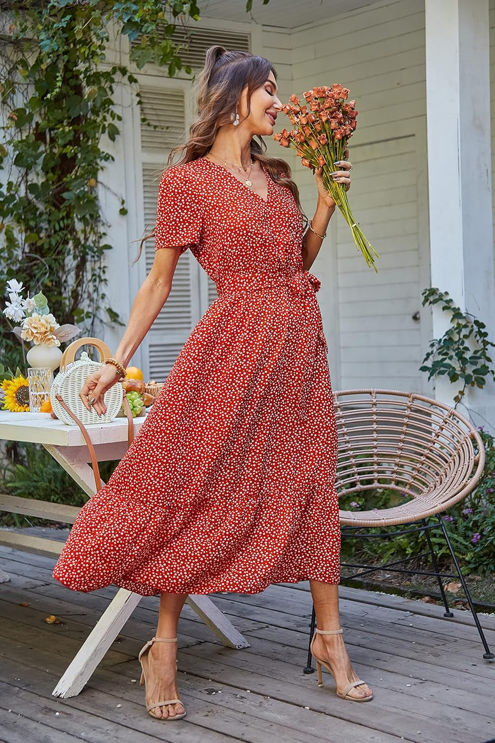 Women's Summer Floral Bohemian Maxi Dress with Short Sleeves, Wrap V-Neck, Ruffle Details, Flowing Design Suitable for Beach Weddings and Guest Attire