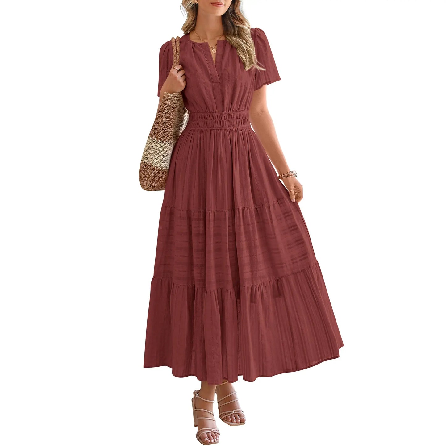 BTFBM Women's Summer 2026 Lightweight Casual Maxi Dress with Short Sleeves, V-Neck, Bohemian Style, and Pockets