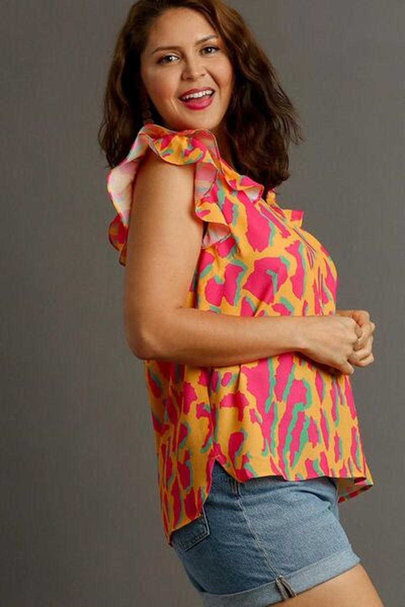 Umgee Full Size Abstract Print V-Neck Double Layer Ruffle Sleeve Blouse plus Size