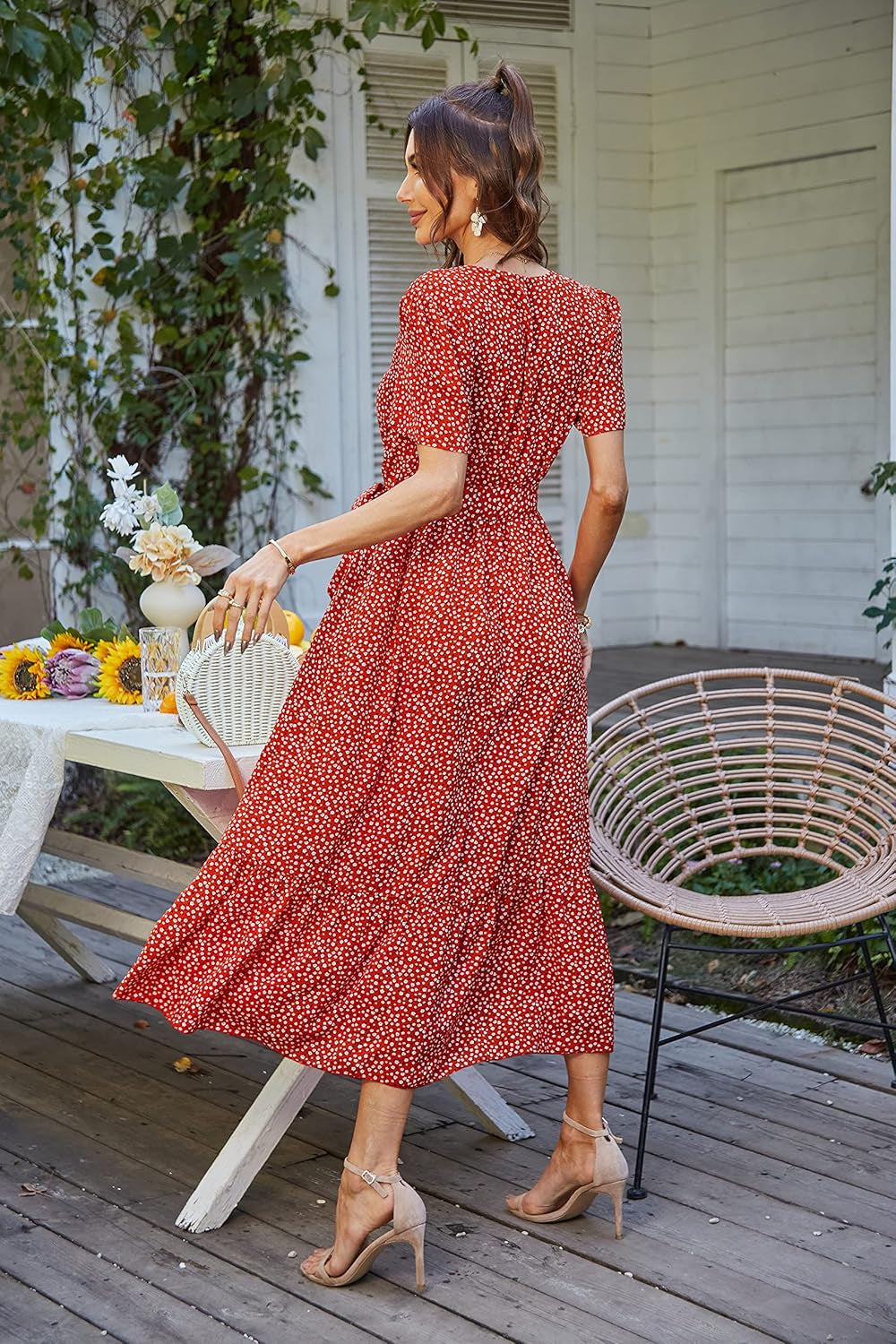 Women's Summer Floral Bohemian Maxi Dress with Short Sleeves, Wrap V-Neck, Ruffle Details, Flowing Design Suitable for Beach Weddings and Guest Attire