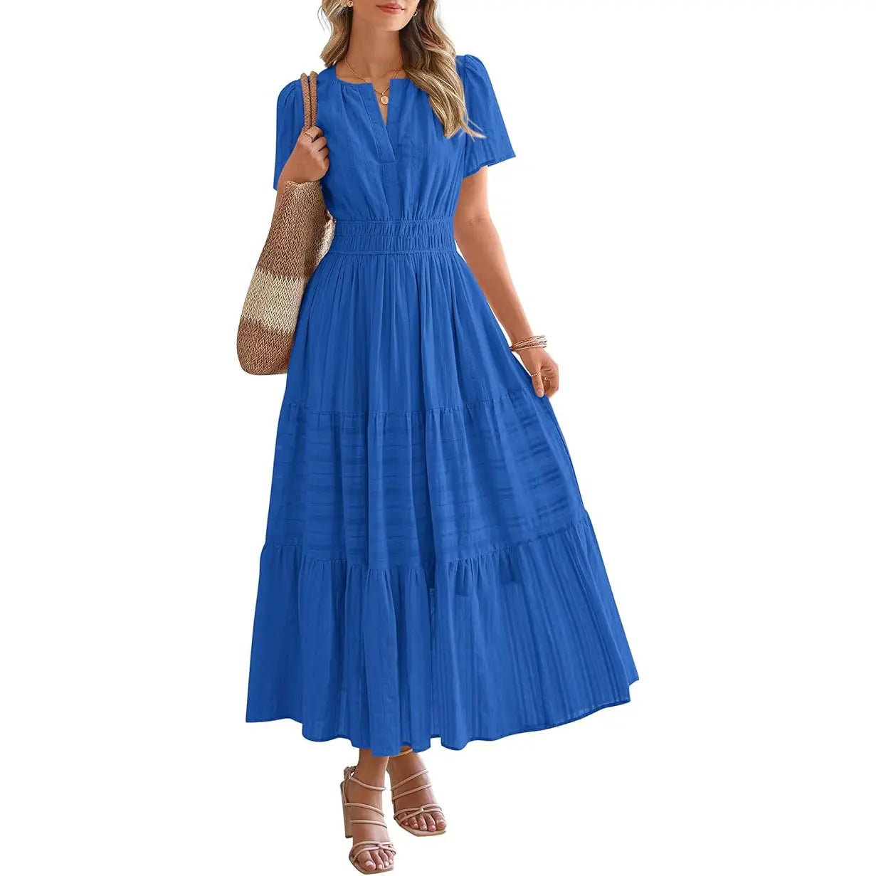 BTFBM Women's Summer 2026 Lightweight Casual Maxi Dress with Short Sleeves, V-Neck, Bohemian Style, and Pockets