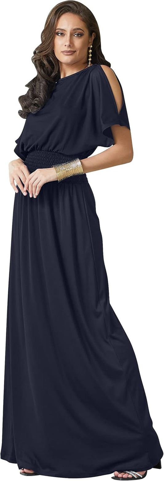 Elegant Women's Long Maxi Dress with Split Sleeves and Smocked Detail