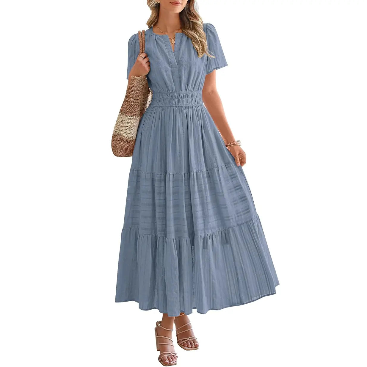 BTFBM Women's Summer 2026 Lightweight Casual Maxi Dress with Short Sleeves, V-Neck, Bohemian Style, and Pockets