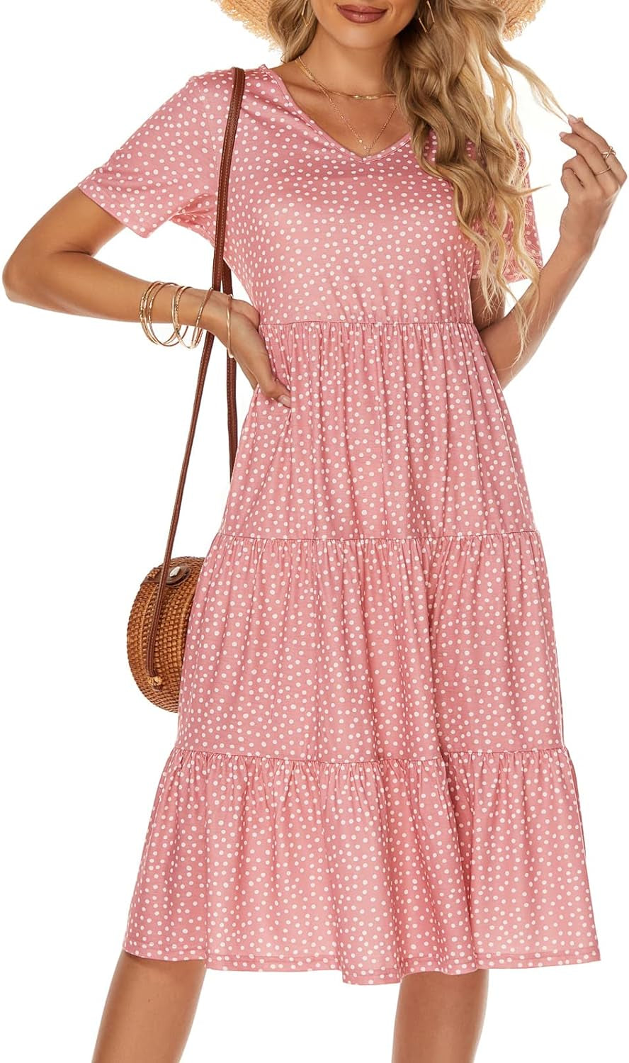 Women's Bohemian Tiered Midi Dress - Short Sleeve V-Neck Loose Cotton Ruffle Babydoll Sundress for Summer 2025