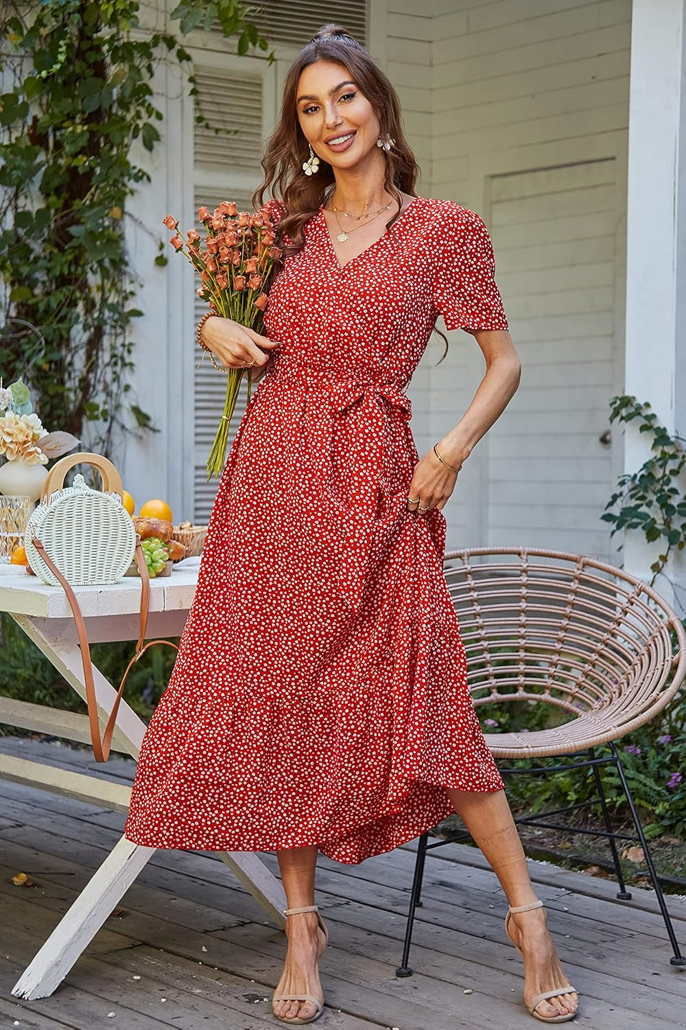 Women's Summer Floral Bohemian Maxi Dress with Short Sleeves, Wrap V-Neck, Ruffle Details, Flowing Design Suitable for Beach Weddings and Guest Attire