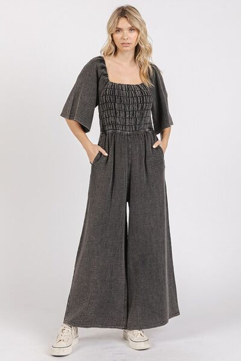 Mittoshop Mineral Wash Wide Leg Jumpsuit - Gauze Ruched Style