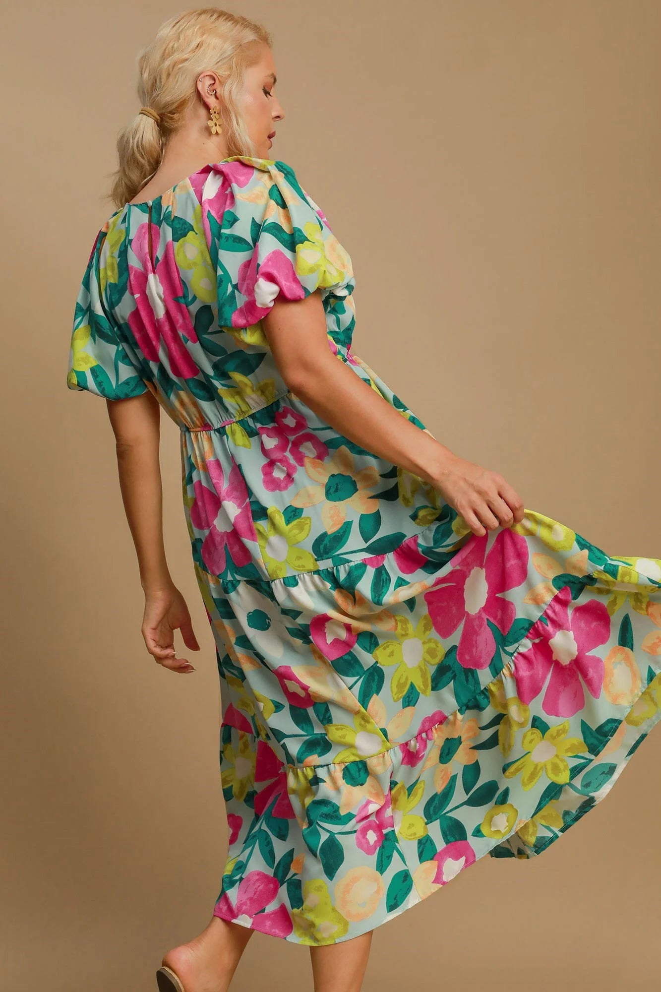 Umgee Full Size Tiered Floral Print Notched Puff Sleeve Midi Dress plus Size