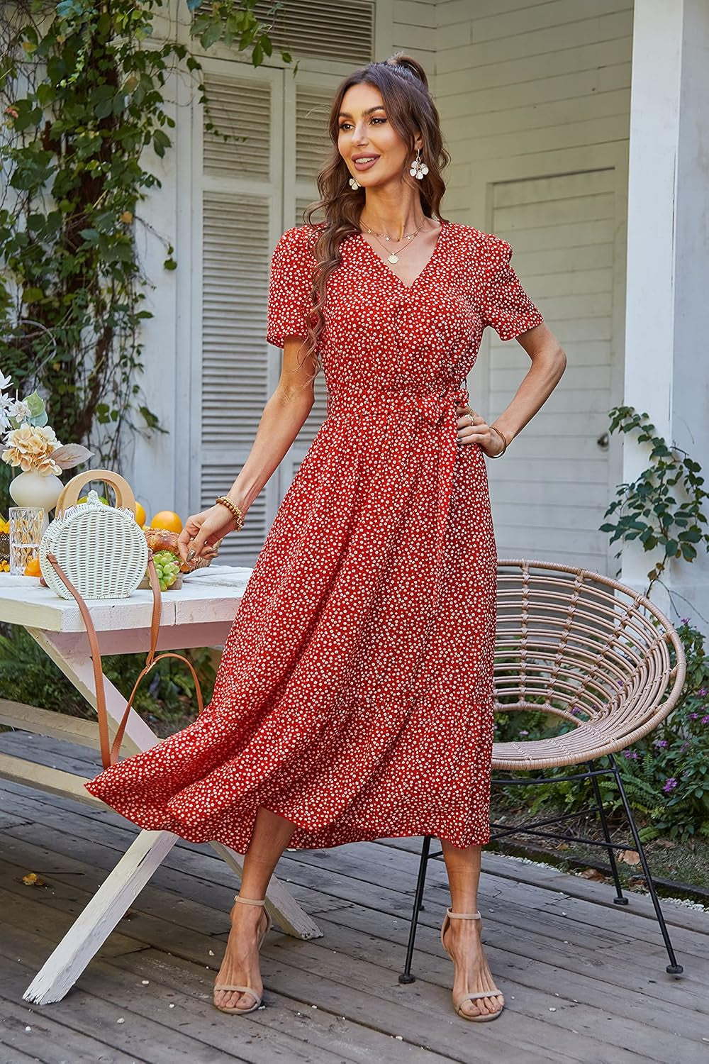 Women's Summer Floral Bohemian Maxi Dress with Short Sleeves, Wrap V-Neck, Ruffle Details, Flowing Design Suitable for Beach Weddings and Guest Attire