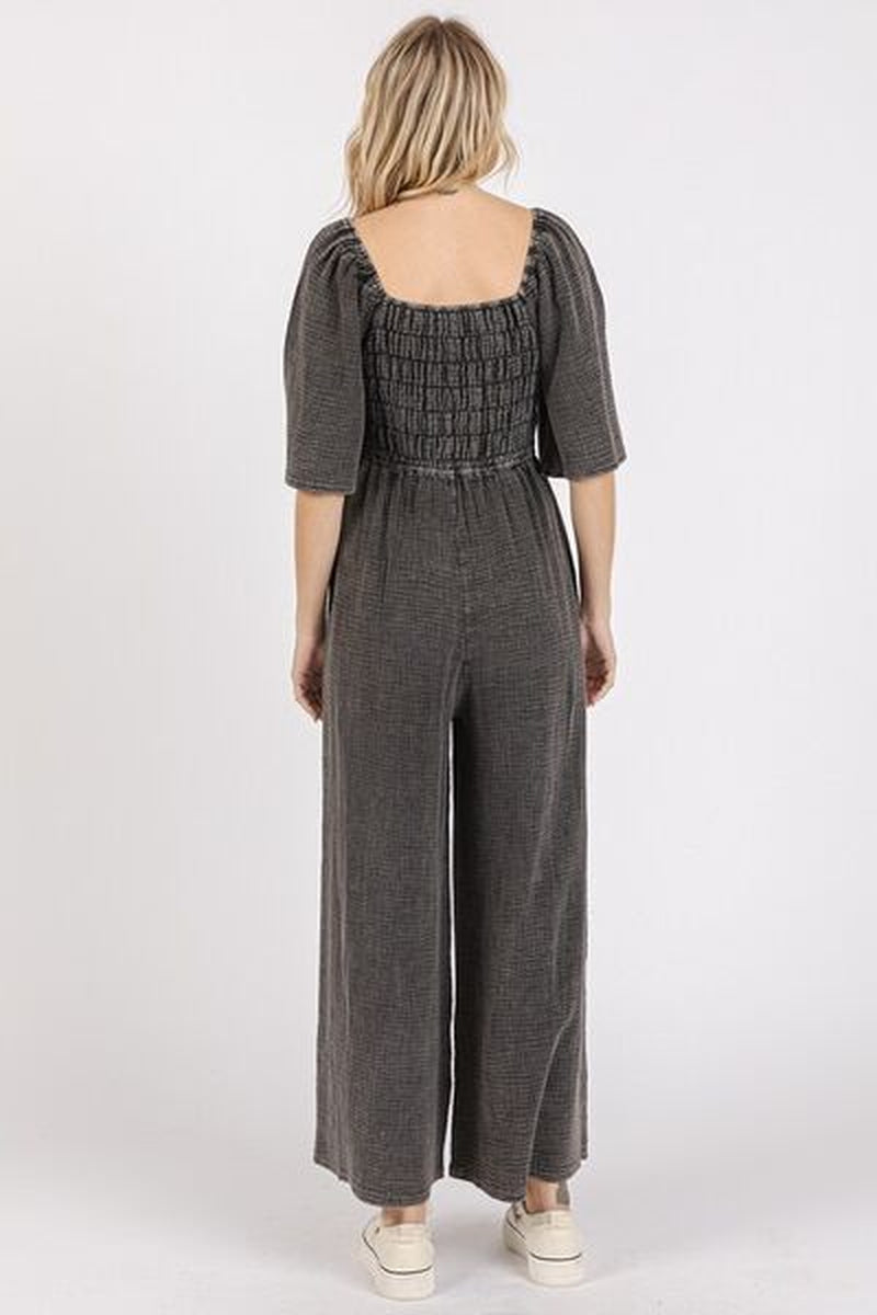 Mittoshop Mineral Wash Wide Leg Jumpsuit - Gauze Ruched Style