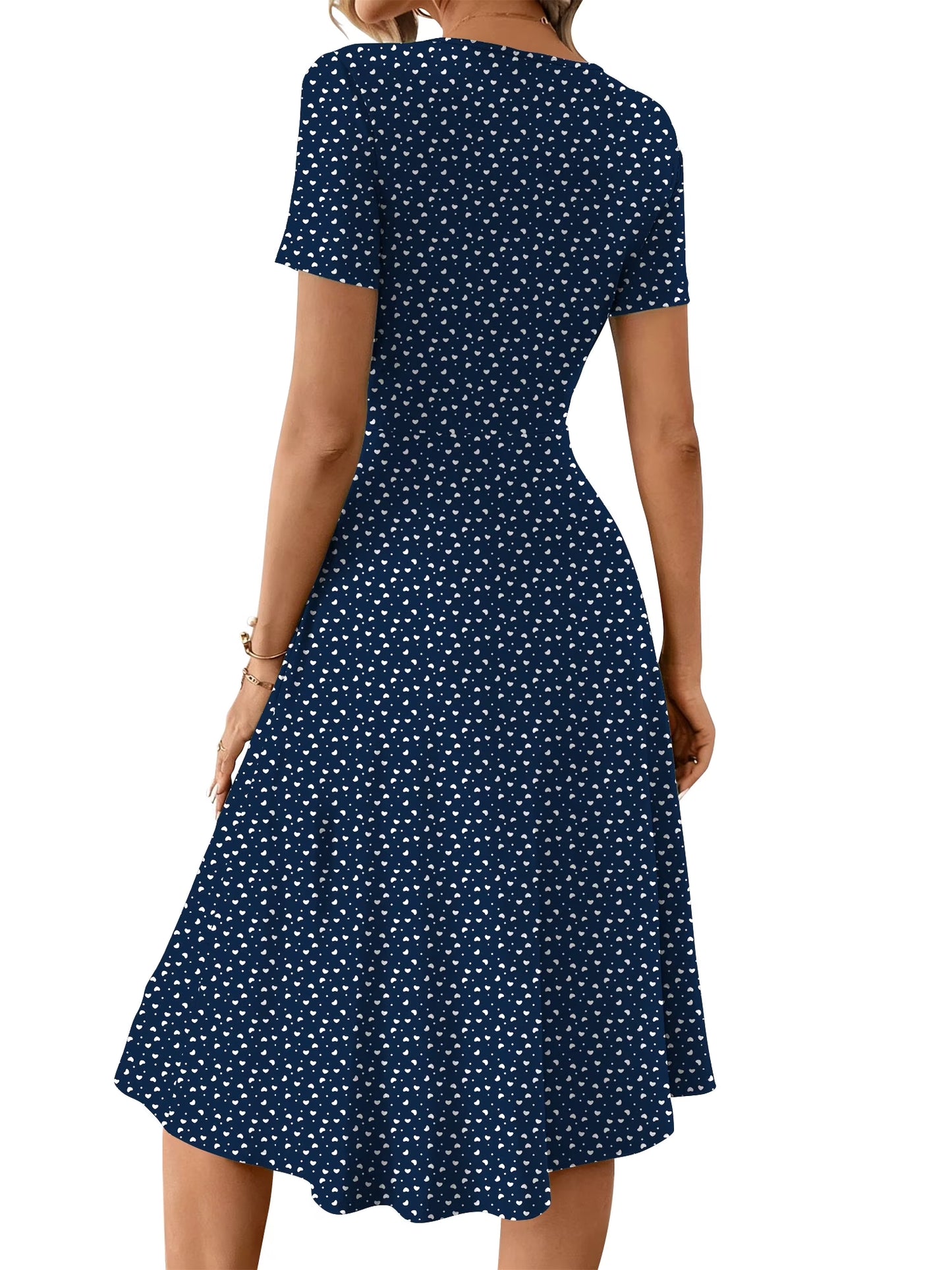 Summer Dresses for Women Button Floral Midi Sundress Short Sleeve V Neck Casual Polka Dot Dress L