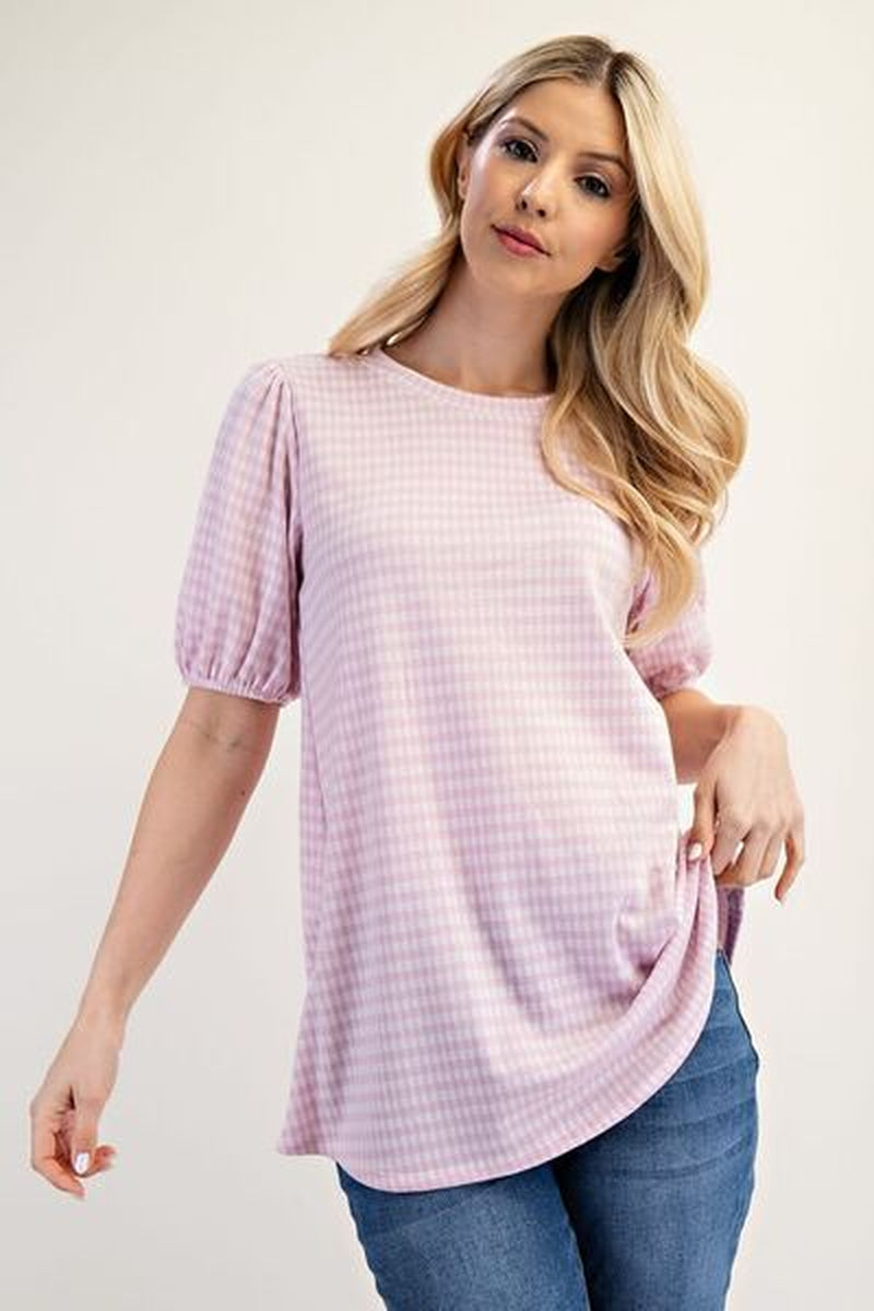 Celeste Full Size Gingham Print Top with Puff Sleeves plus Size