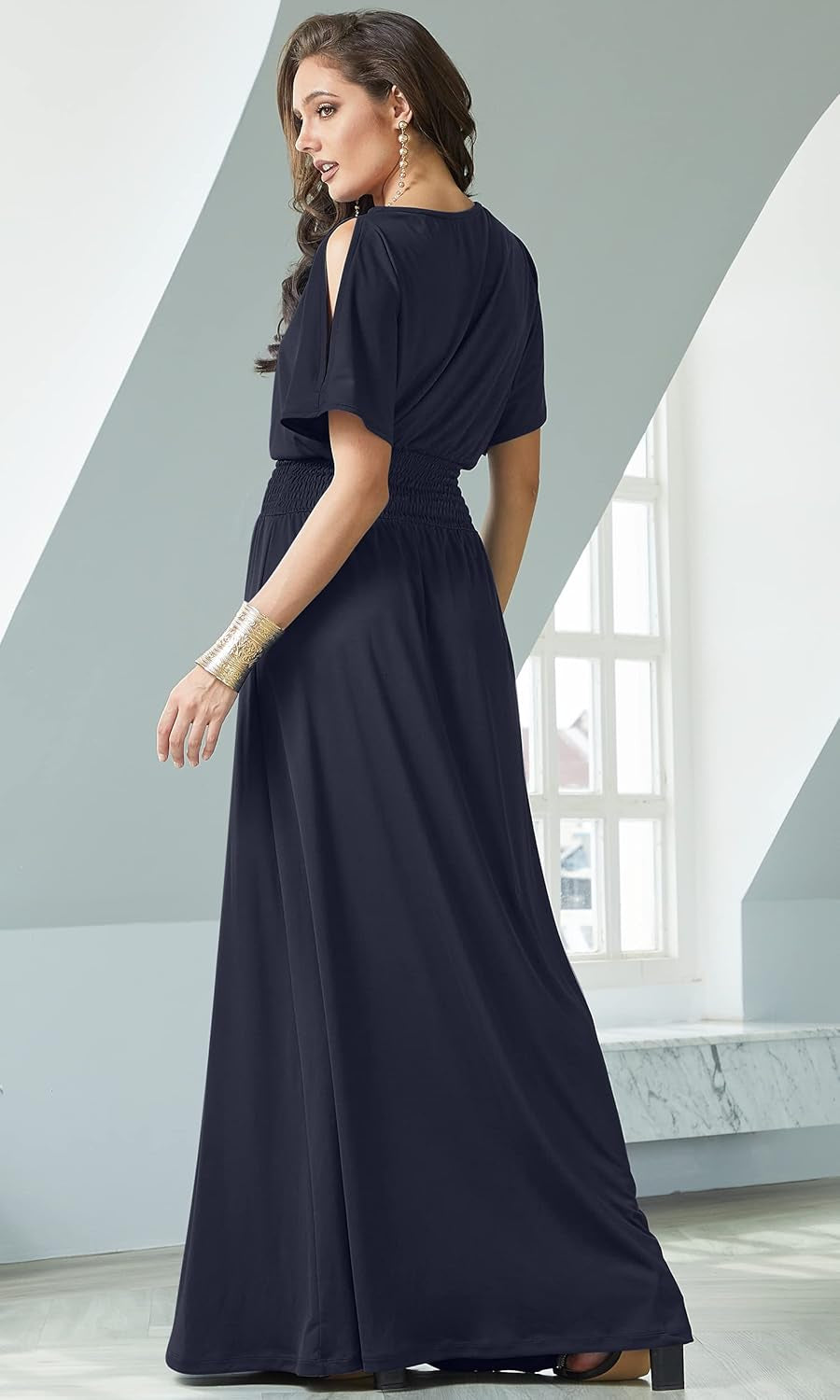 Elegant Women's Long Maxi Dress with Split Sleeves and Smocked Detail