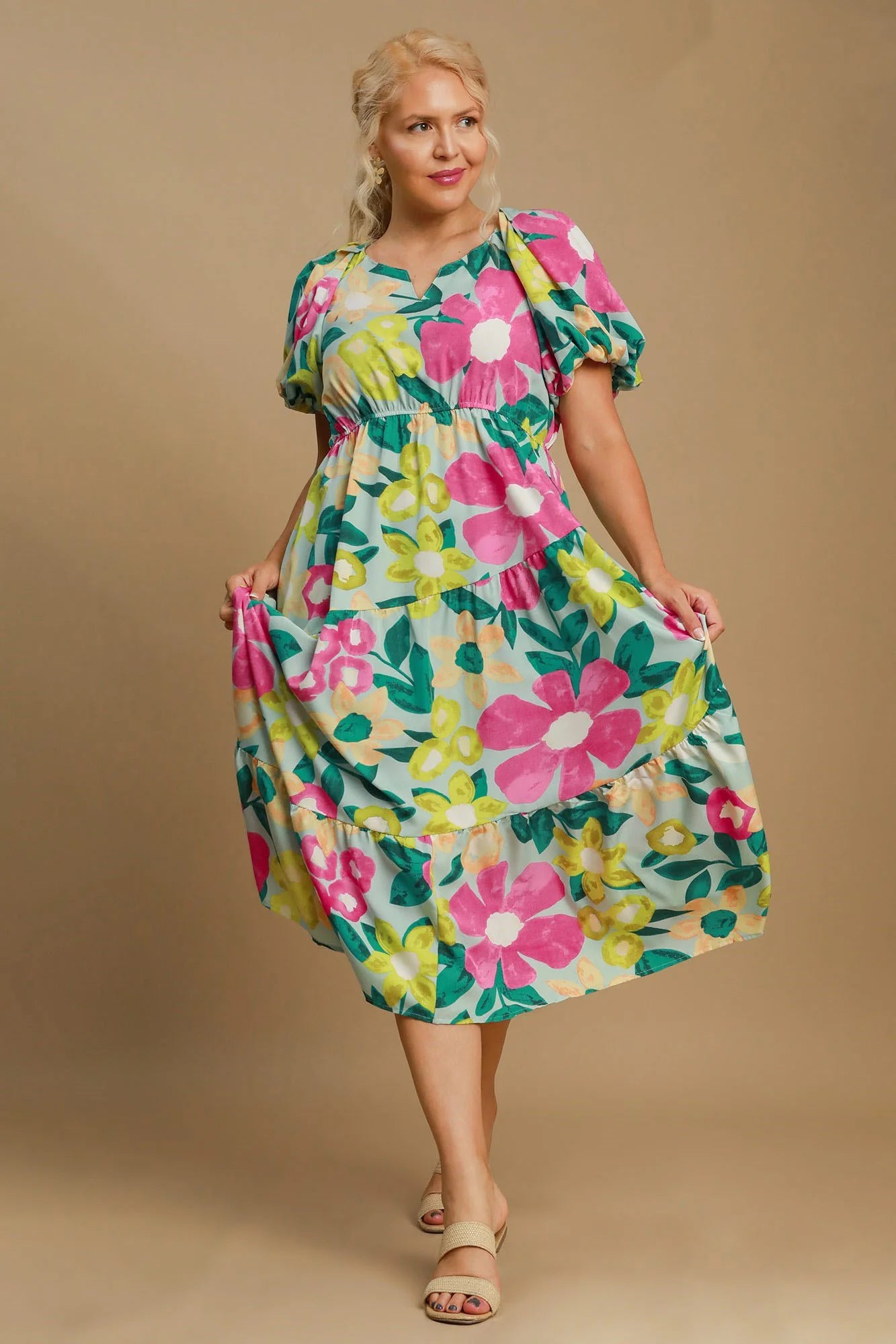 Umgee Full Size Tiered Floral Print Notched Puff Sleeve Midi Dress plus Size