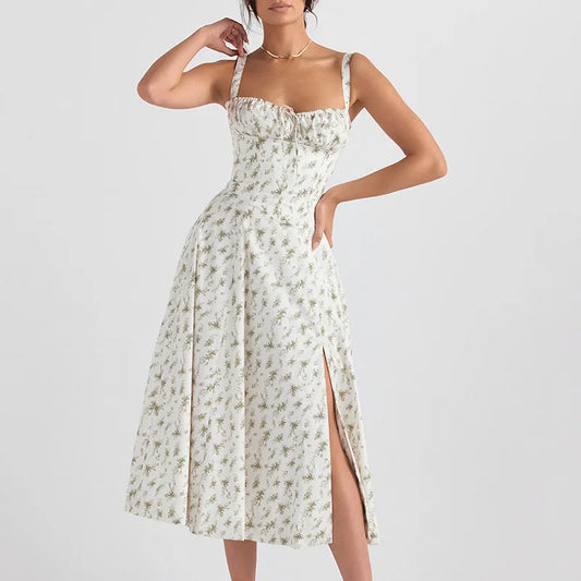 Women's Summer Bohemian Midi Dress with Spaghetti Straps and Tie Front, Floral Print, Sleeveless A-Line Beachwear