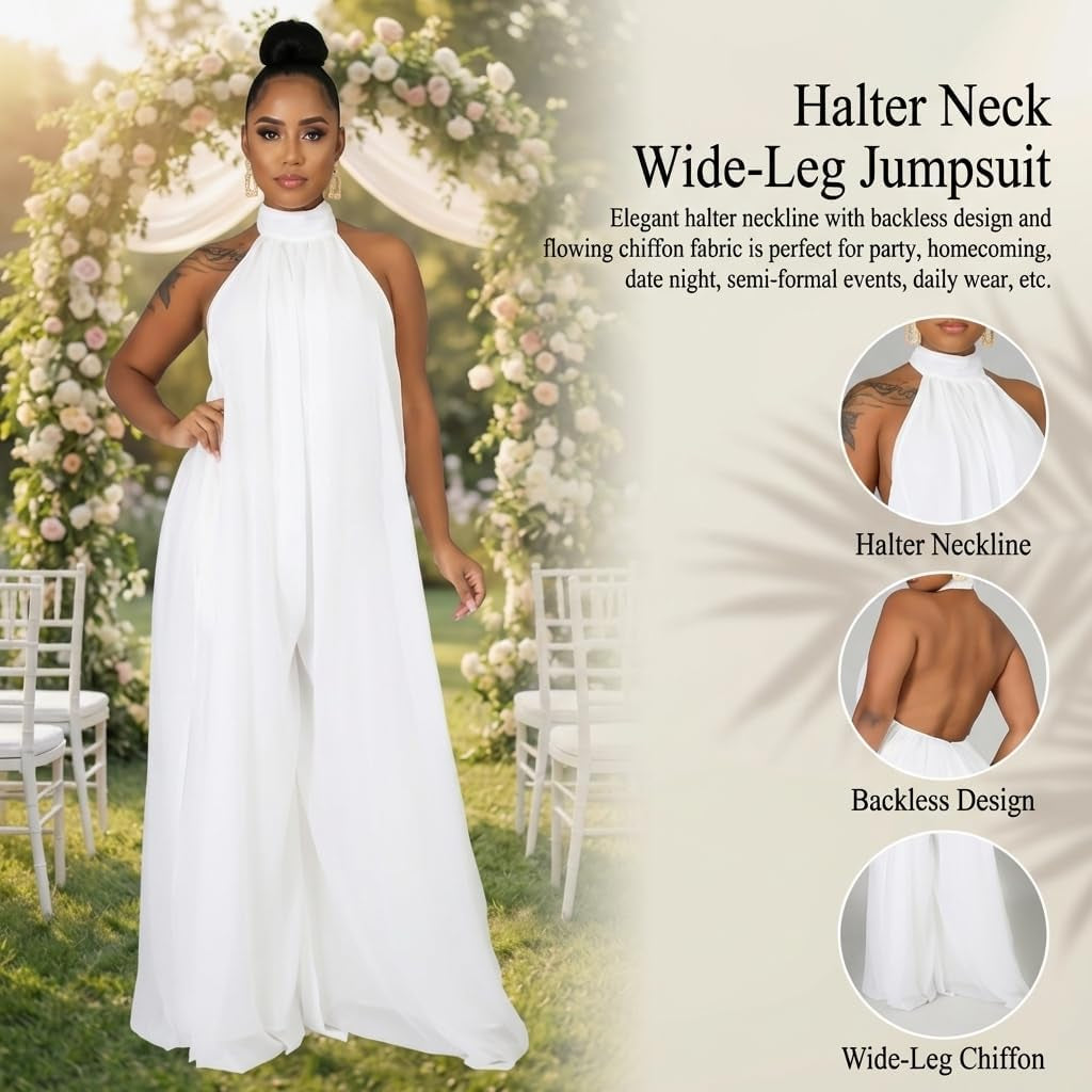 Women’S Sexy Summer Jumpsuit Halter Neck Sleeveless Chiffon Wide Leg Long Pant Jumpsuit Romper One Piece Outfits