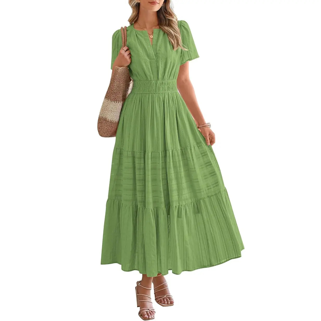 BTFBM Women's Summer 2026 Lightweight Casual Maxi Dress with Short Sleeves, V-Neck, Bohemian Style, and Pockets