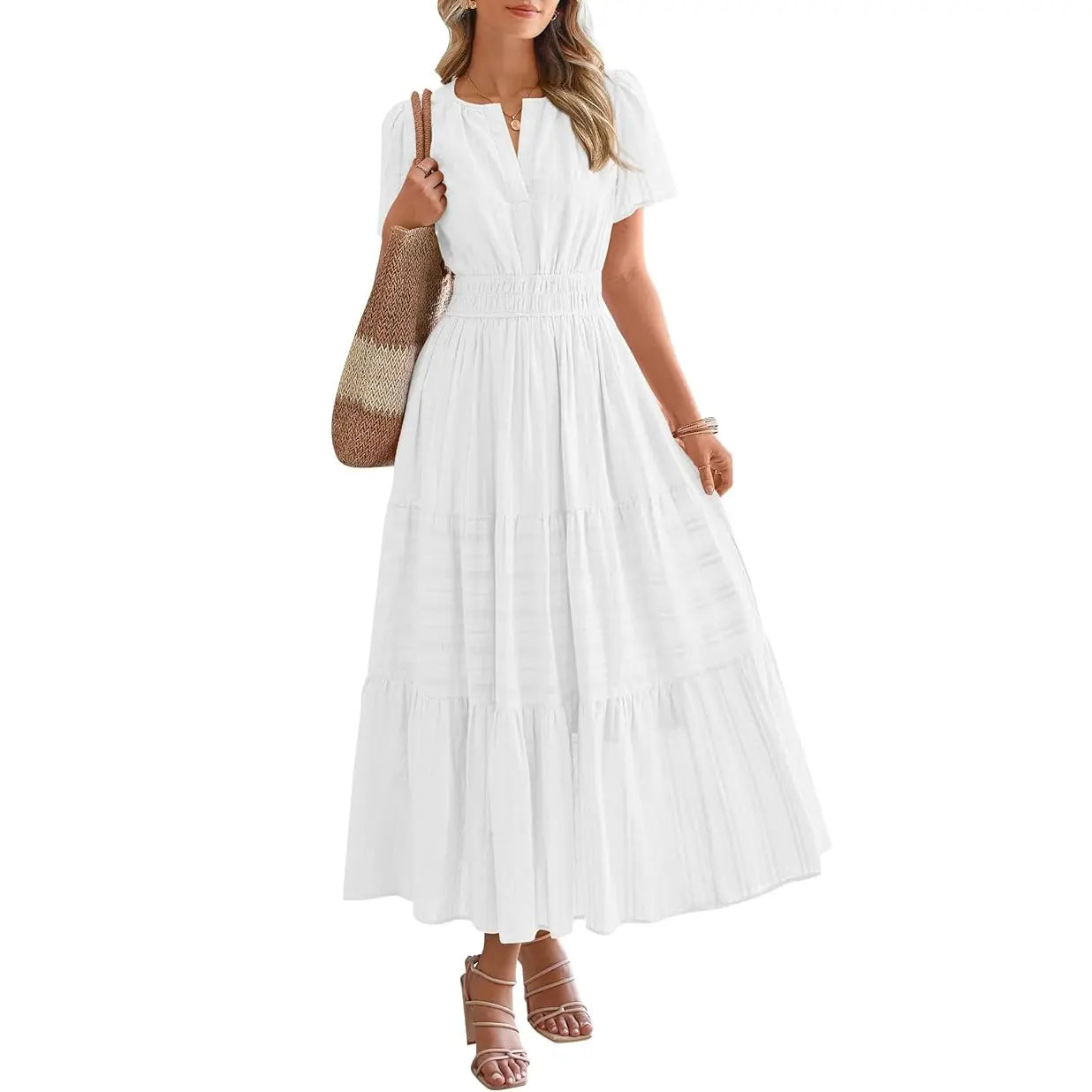 BTFBM Women's Summer 2026 Lightweight Casual Maxi Dress with Short Sleeves, V-Neck, Bohemian Style, and Pockets
