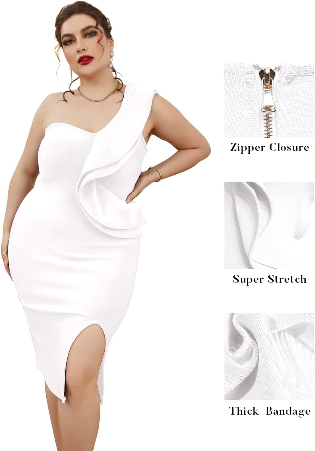 One-Shoulder Ruffle Bodycon Dress with Side Split - Ideal for Wedding Guests