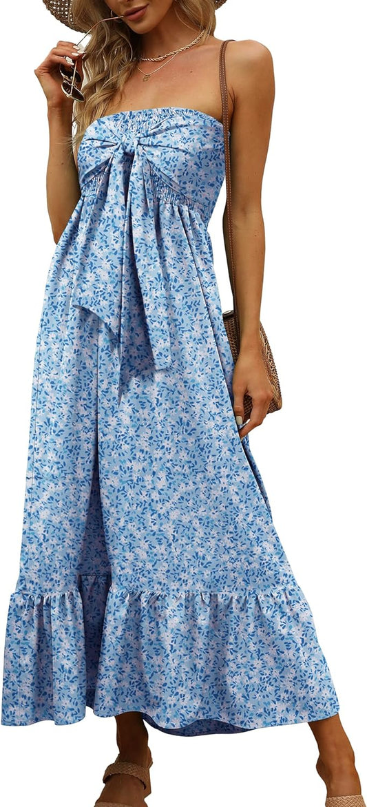 Women'S Summer Maxi Dress Casual Boho Bohemian Sleeveless Strapless Smocked Tiered Long Beach Maxi Sun Dresses Blue