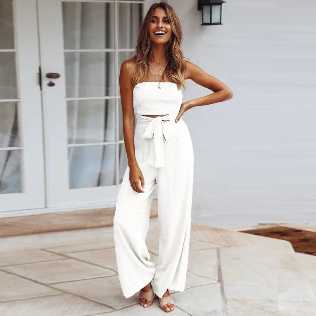 Sandy | Women'S Strapless Tie Waist Wide Leg Jumpsuit